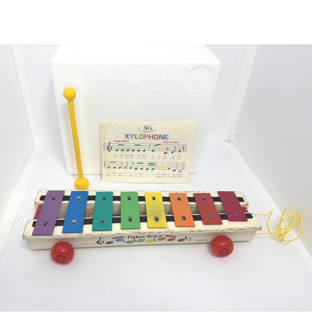 Vintage Fisher-Price Pull-a-Tune Xylophone 870 Musical Pull Toy with Songbook